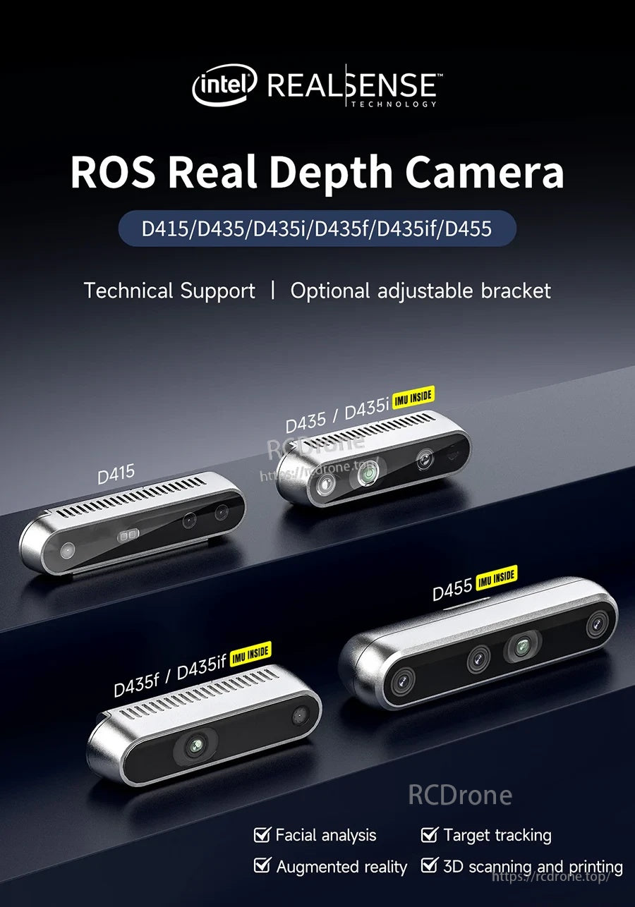 Intel RealSense D400 Series Depth Camera lineup for ROS projects, including D415, D435, D435i, D435f, D435if, D455
