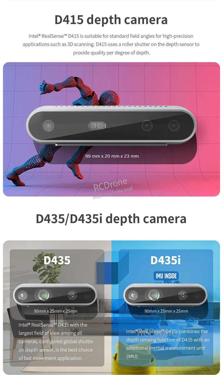 D415 and D435/D435i depth camera size and model comparison graphic for the RealSense D400 series