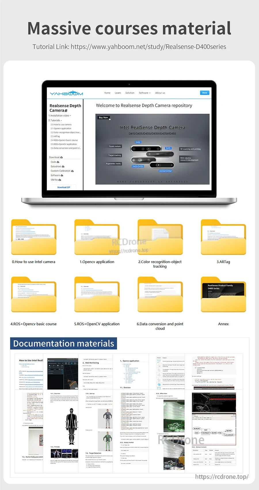 RealSense SDK learning resources screenshot with course files and documentation materials list