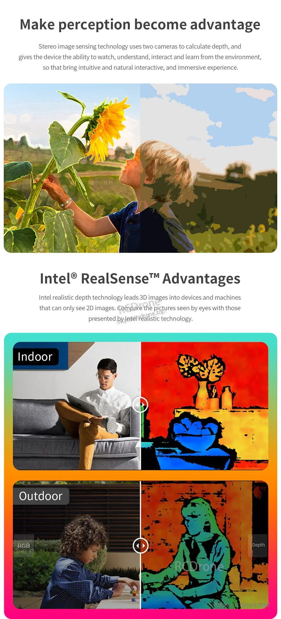 Indoor and outdoor depth sensing examples illustrating Intel RealSense stereo vision perception advantages