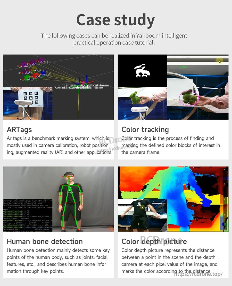 Case study collage showing ARTags, color tracking, human bone detection, and depth color mapping outputs