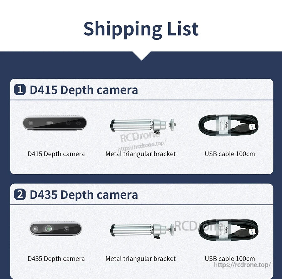Shipping list for D415 and D435 depth camera kits with metal triangular bracket and 100 cm USB cable