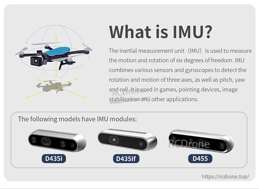 IMU overview explaining inertial measurement unit and listing D435i, D435if, and D455 models