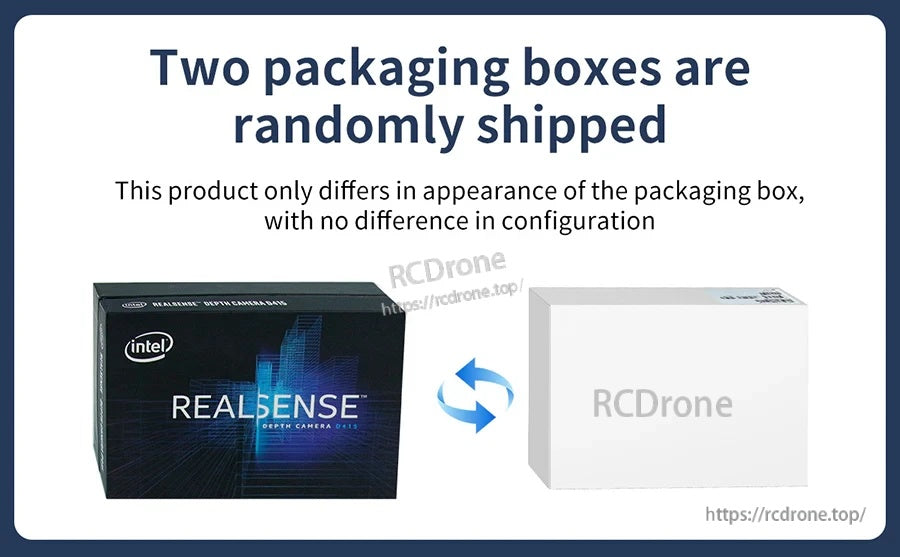 Packaging notice showing two different box styles for Intel RealSense depth camera shipments