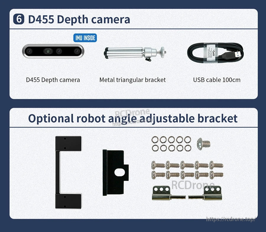 Shipping list for D455 kit plus optional robot angle adjustable bracket parts and hardware set