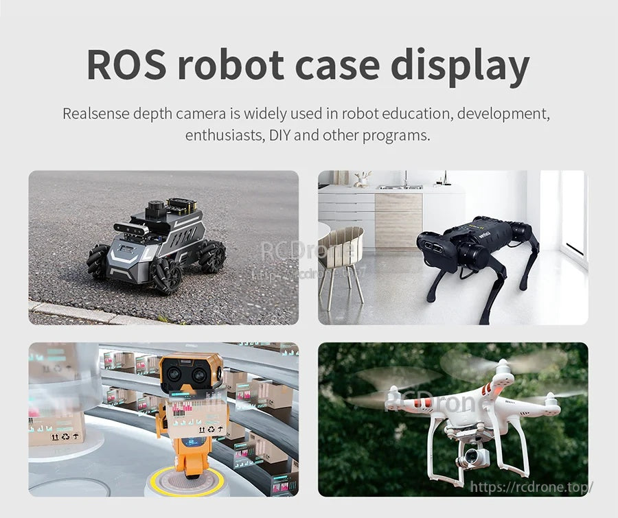 ROS robot application examples collage, including wheeled robots, quadruped platform, and drone integration