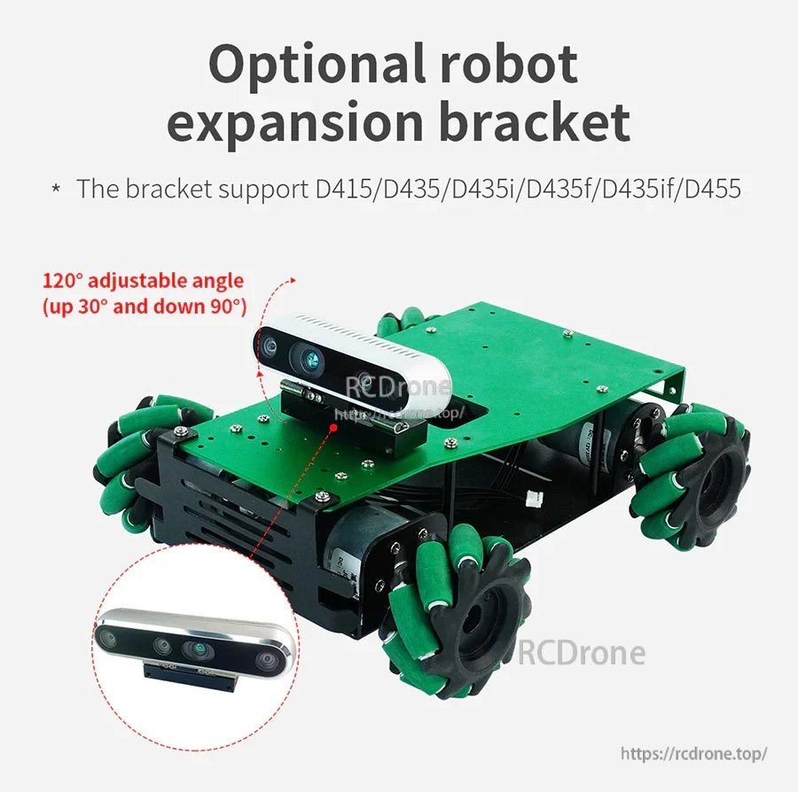 Optional robot expansion bracket with adjustable angle mount for Intel RealSense D400 series depth cameras