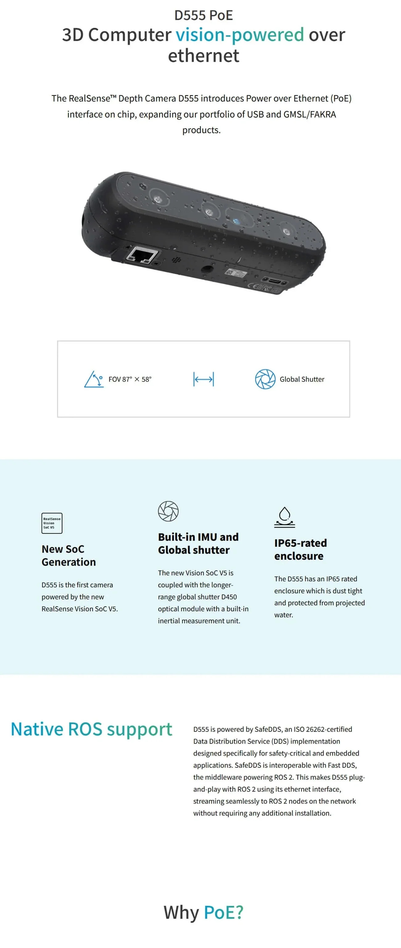 Intel RealSense D555 PoE IP65 stereo depth camera with global shutter and native ROS support highlights