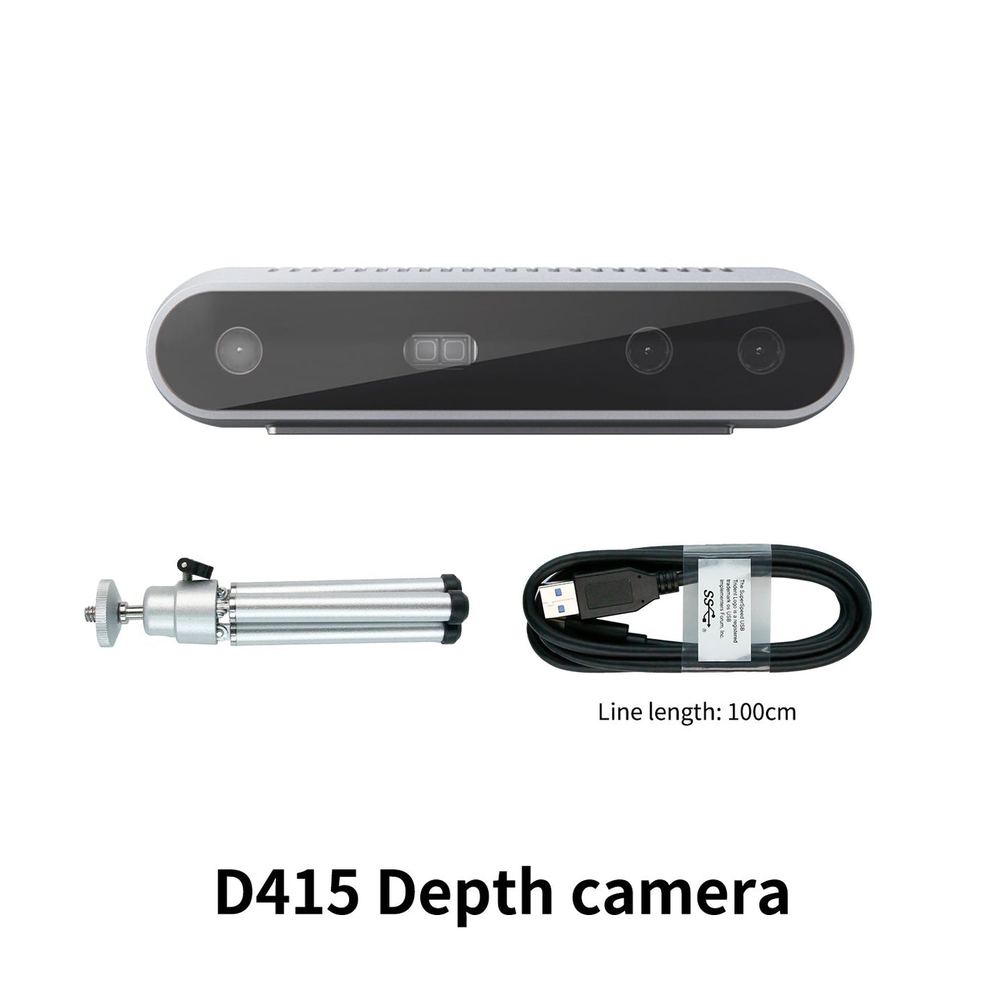 D415 depth camera kit with USB cable (100 cm) and mini tripod mount, front view