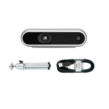 Intel RealSense D400 Series Depth Camera kit with camera, USB cable, and mini tripod mount