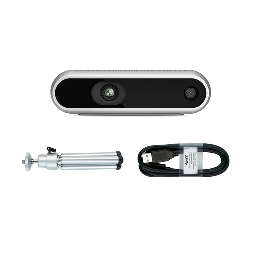 Intel RealSense D400 Series Depth Camera kit with camera, USB cable, and mini tripod mount