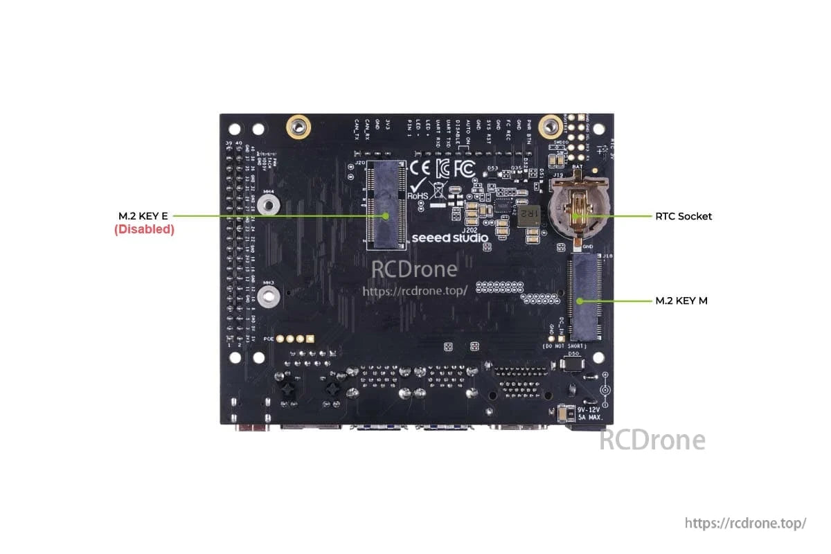The J1020 Edge AI Computer features M.2 slots, RTC socket, multiple connectors, CE/FCC/RoHS certifications, and Seeed Studio branding.