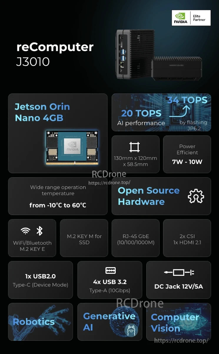 J3010 Edge AI Computer, NVIDIA reComputer J3010: High-performance AI computer for 34 TOPS Jetson Orin processing, low power consumption, and wide-range operation temperature.