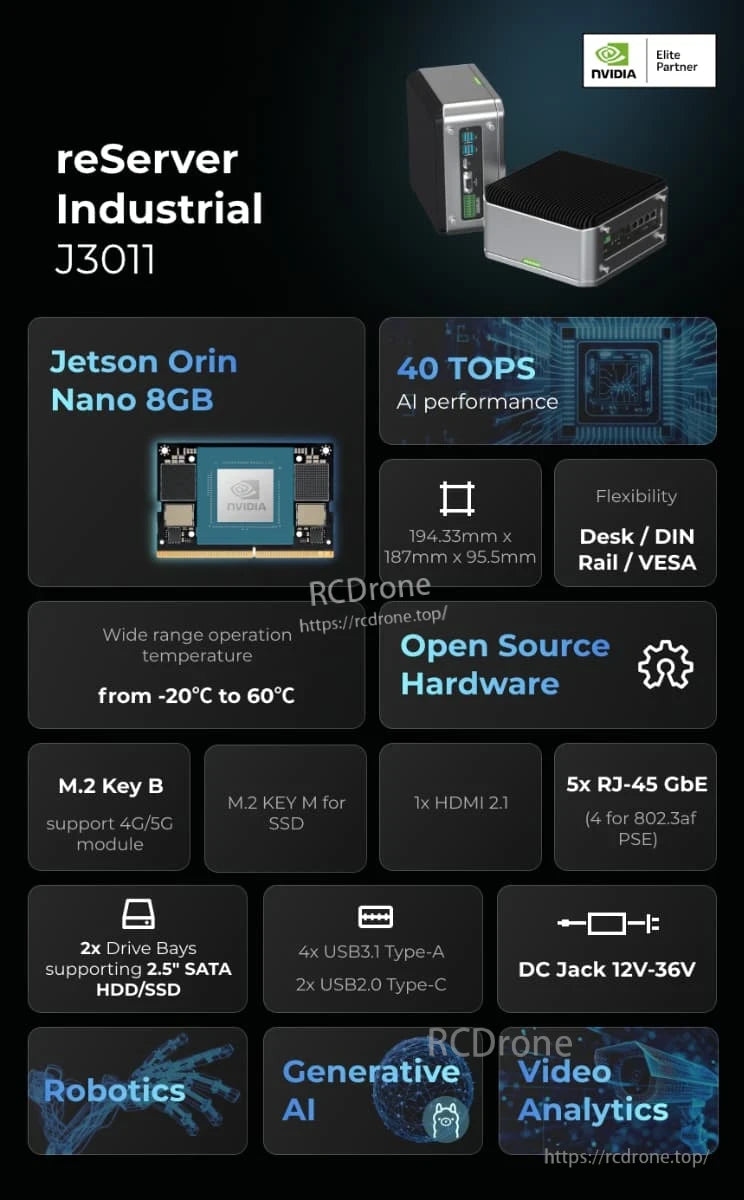J3011 AI NVR Server, NVIDIA reServer Industrial J3011 EX features 40 TOPS Nano performance, compact size, and various hardware features for wide-range operation.
