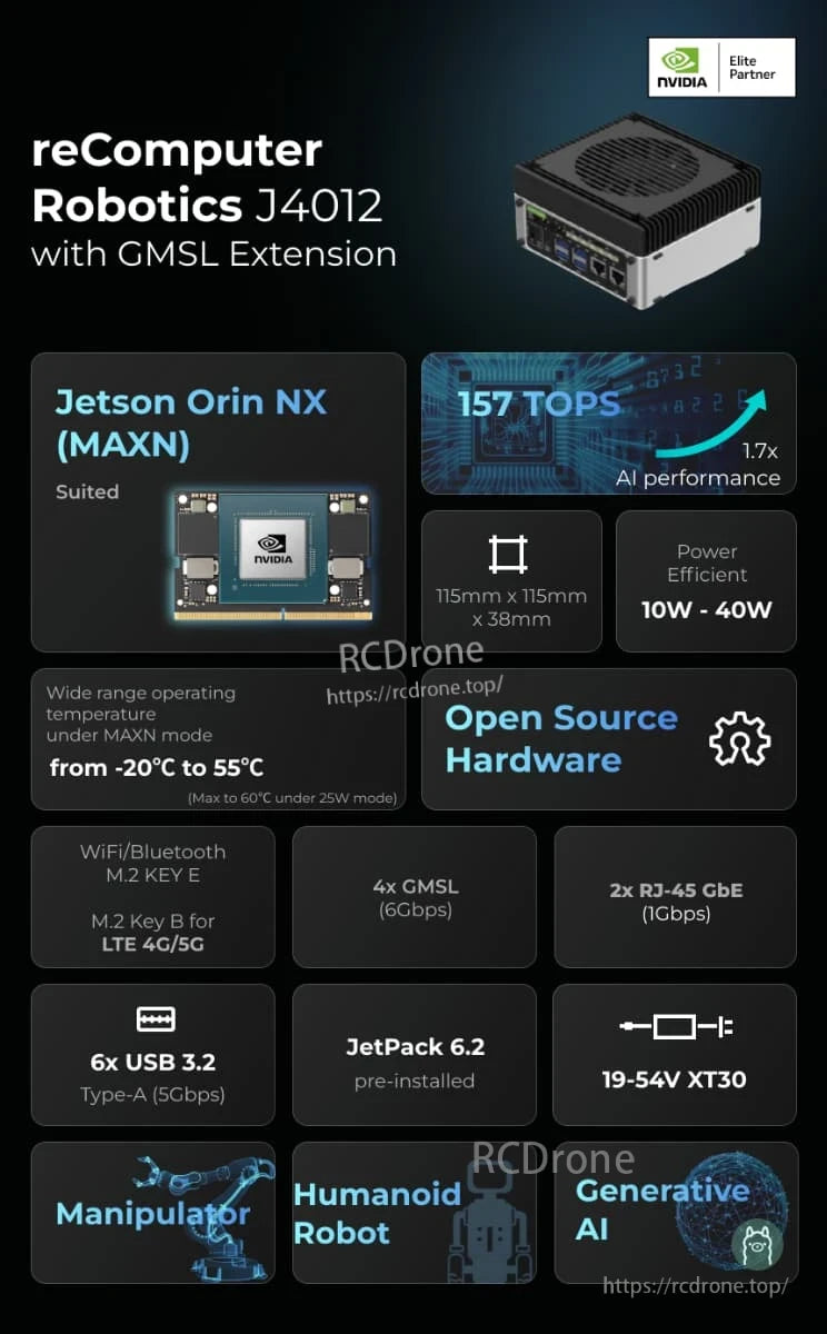 J4012 GMSL AI Computer, Jetson Orin NX offers 157 TOPS AI performance, open-source hardware, GMSL support, perfect for manipulators, humanoid robots, and generative AI.