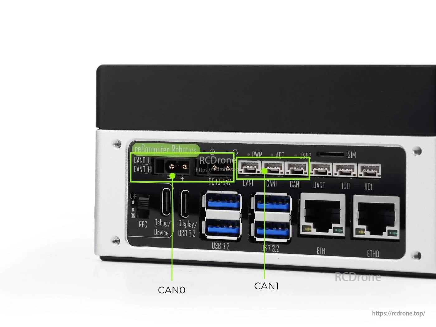 The J4012 GMSL AI Computer features CAN, USB 3.2, Ethernet, UART, IIC, power, and debug/display ports for robotics applications.