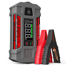 Lokithor J402 PRO portable 12V lithium jump starter pack with digital display and red/black battery clamps