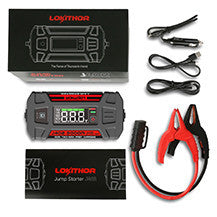 Lokithor J402 PRO 12V lithium jump starter kit with digital display, battery clamps, charging cables, and box