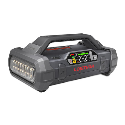 Lokithor JA2500 portable 12V jump starter with built-in air compressor, LED light, and digital PSI/BAR display