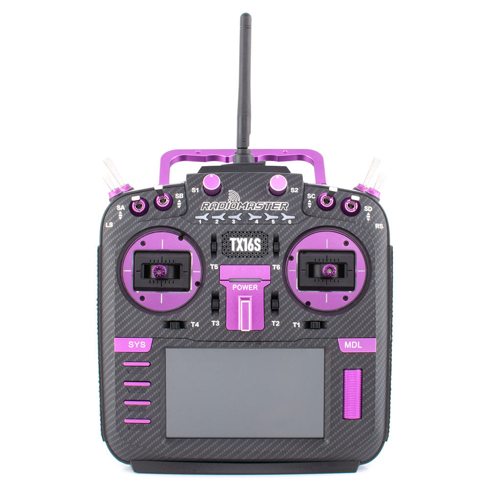 RadioMaster TX16S Mark II Max Joshua Bardwell Edition ELRS M2 radio controller, front view with purple gimbals