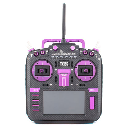 RadioMaster TX16S Mark II Max Joshua Bardwell Edition ELRS M2 radio controller, front view with purple gimbals