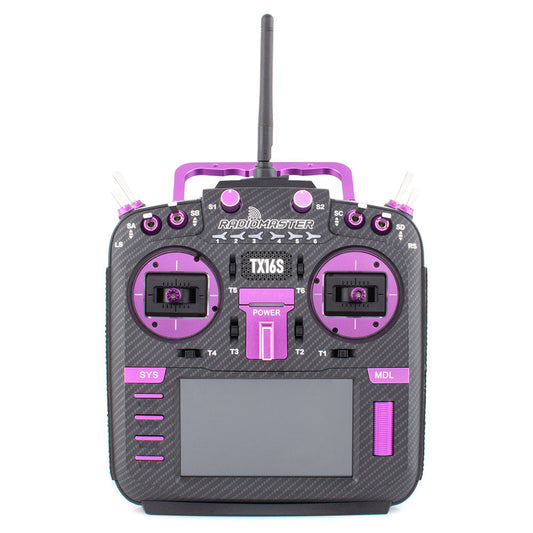 RadioMaster TX16S Mark II Max Joshua Bardwell Edition ELRS M2 radio controller, front view with purple gimbals