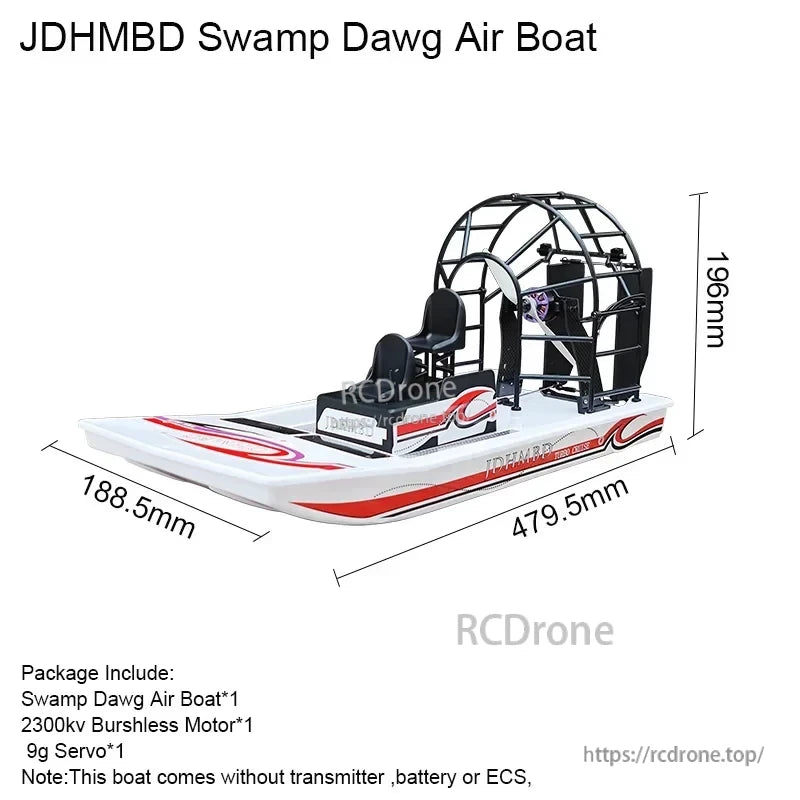 JDHMBD Swamp Dawg RC Air Boat, JDHMBD Swamp Dawg Air Boat, 479.5mm long, includes boat, 2300kv motor, and 9g servo; no transmitter, battery, or ESC included.