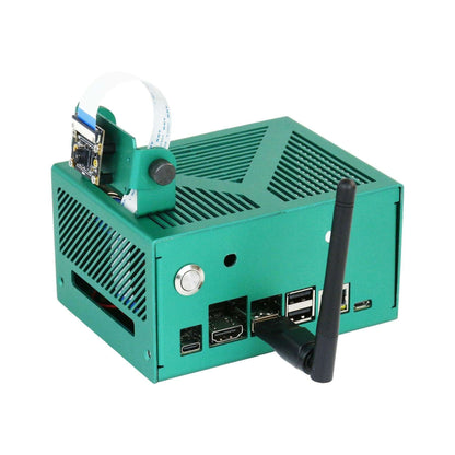 Green metal Jetson case rear/side view showing top ventilation, power button cutout, and antenna mount