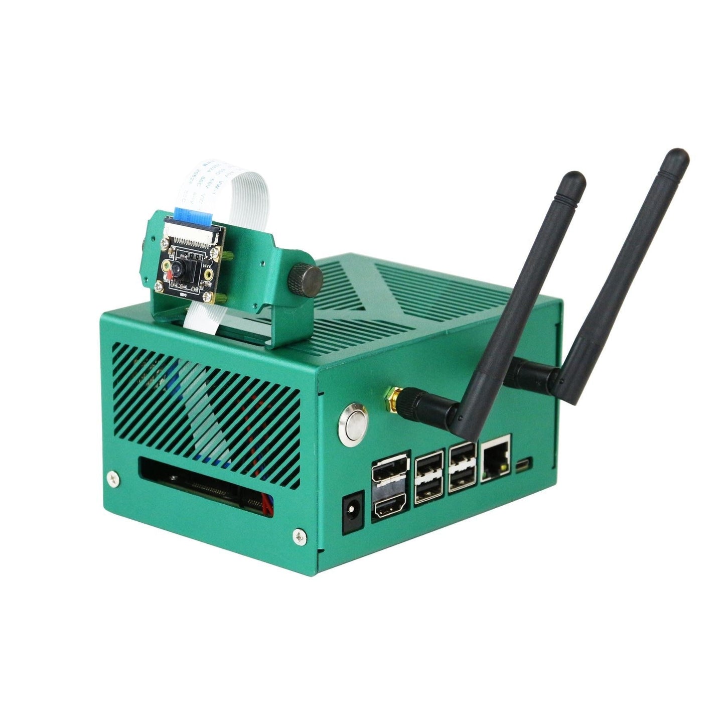 Yahboom Green Aluminum Alloy Case angled view with dual antennas, vented body, and side I/O ports