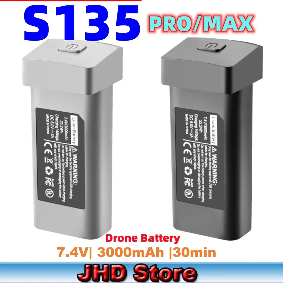 JHD S135 PRO / Max Drone Battery, JHD S135 Drone Battery specifications: 7.4V, 3000mAh, 120g, up to 20 minutes flying time, compatible with LYZRC drones.