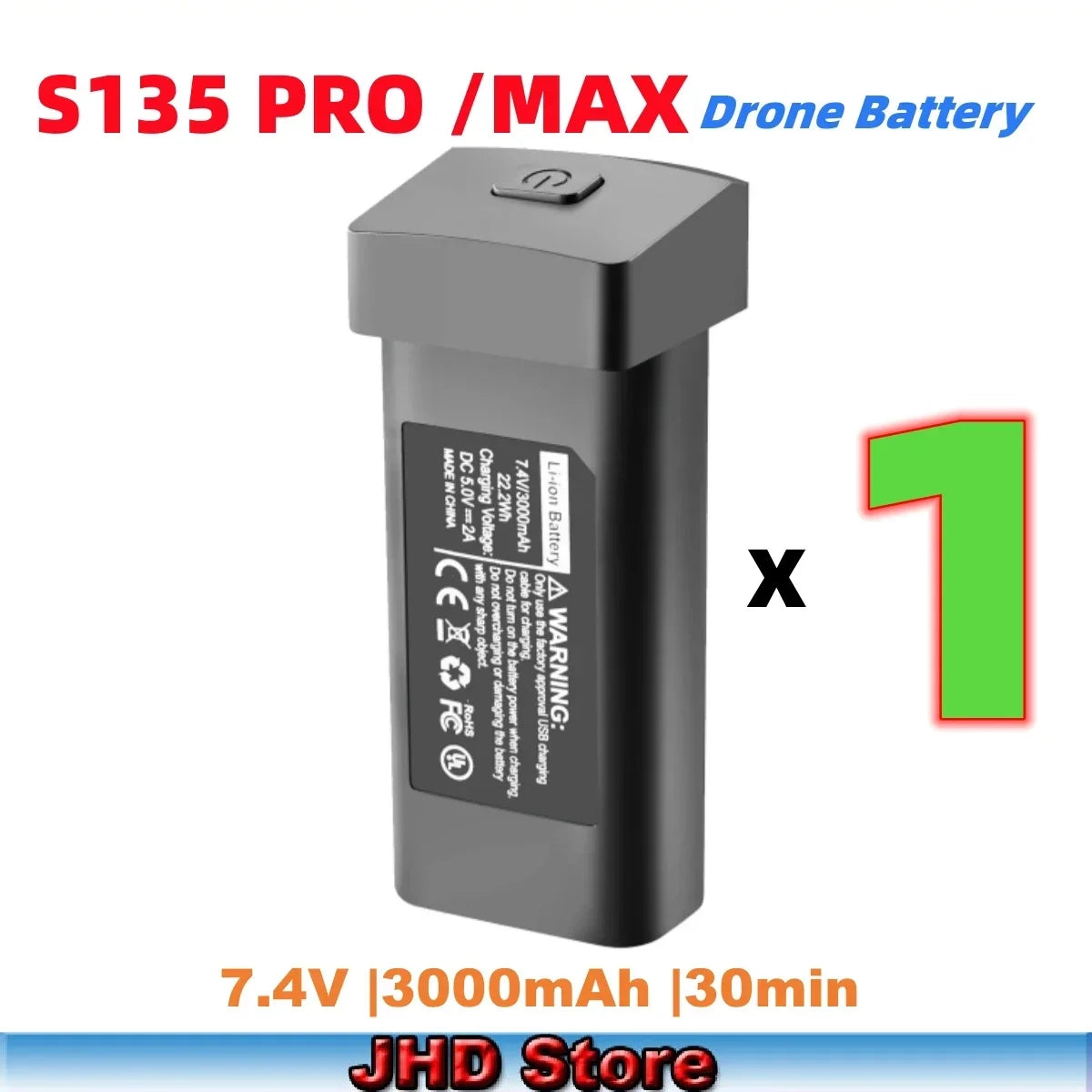 JHD S135 PRO / Max Drone Battery, S135 drone battery specifications: JHD brand, mainland China origin, compatible with LYZRC drones, CE certified, 7.4V 3000mAh capacity.