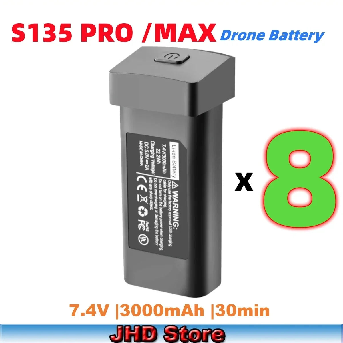 JHD S135 PRO / Max Drone Battery, S135 Drone Battery specifications: JHD brand, CE certified, 7.4V 3000mAh capacity, 120g weight, about 20 minutes flying time.