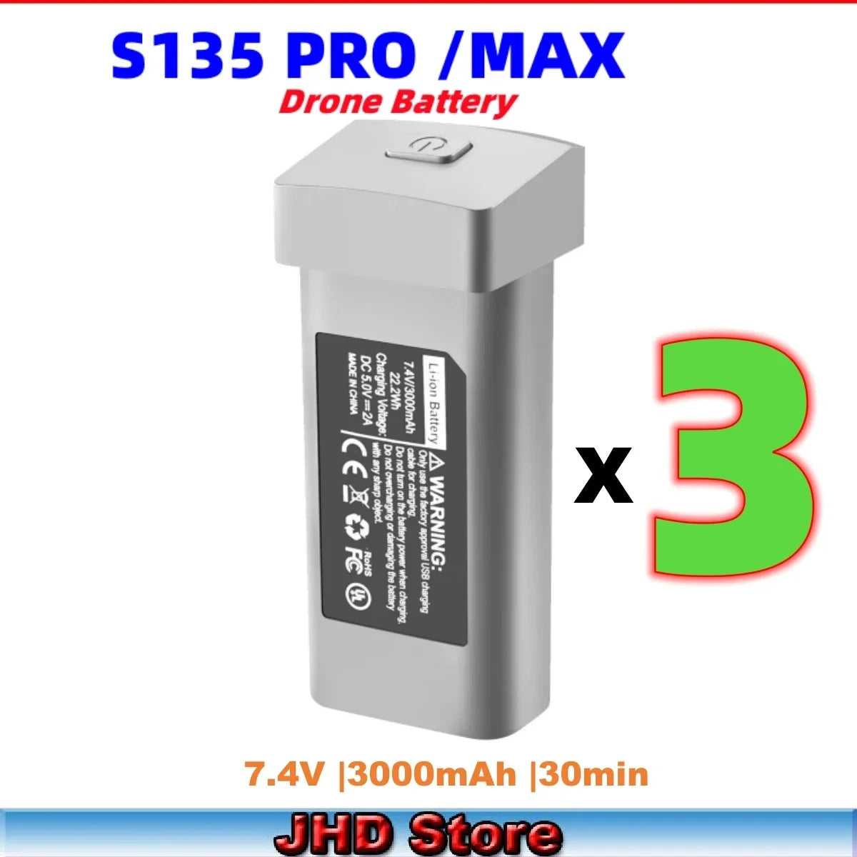 JHD S135 PRO / Max Drone Battery, S135 drone battery specifications from JHD, compatible with LYZRC drones, CE certified, 7.4V 3000 Mah capacity.