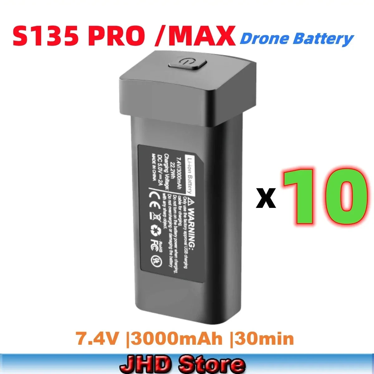 JHD S135 PRO / Max Drone Battery, JHD S135 PRO/MAX battery specs: 7.4V, 3000mAh, 120g, 20min flying time, compatible with LYZRC drones, CE certified.