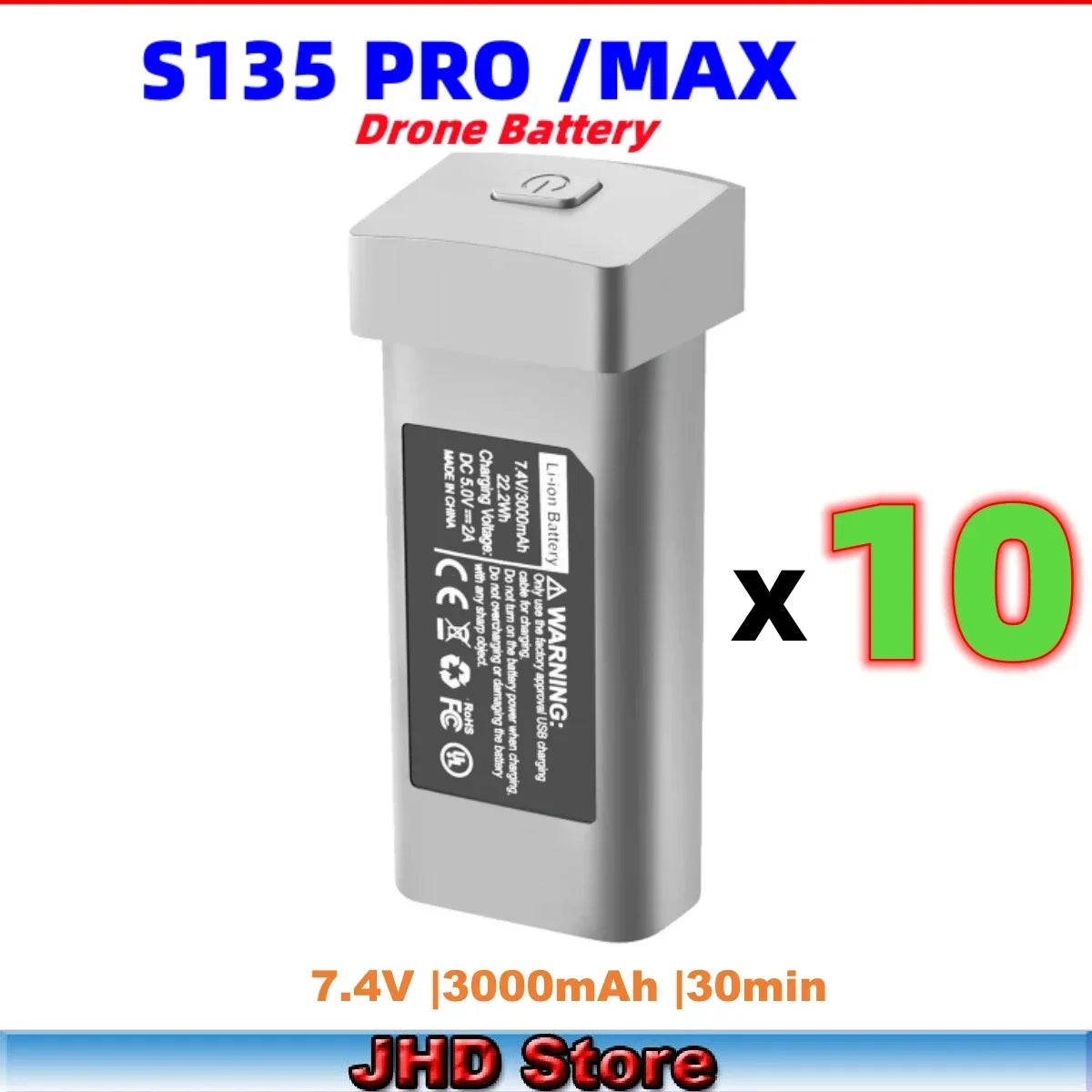 JHD S135 PRO / Max Drone Battery, S135 Drone Battery specifications from JHD brand, compatible with LYZRC drones, CE certified, with a capacity of 7.4V 3000mAh and flying time around 20 minutes.