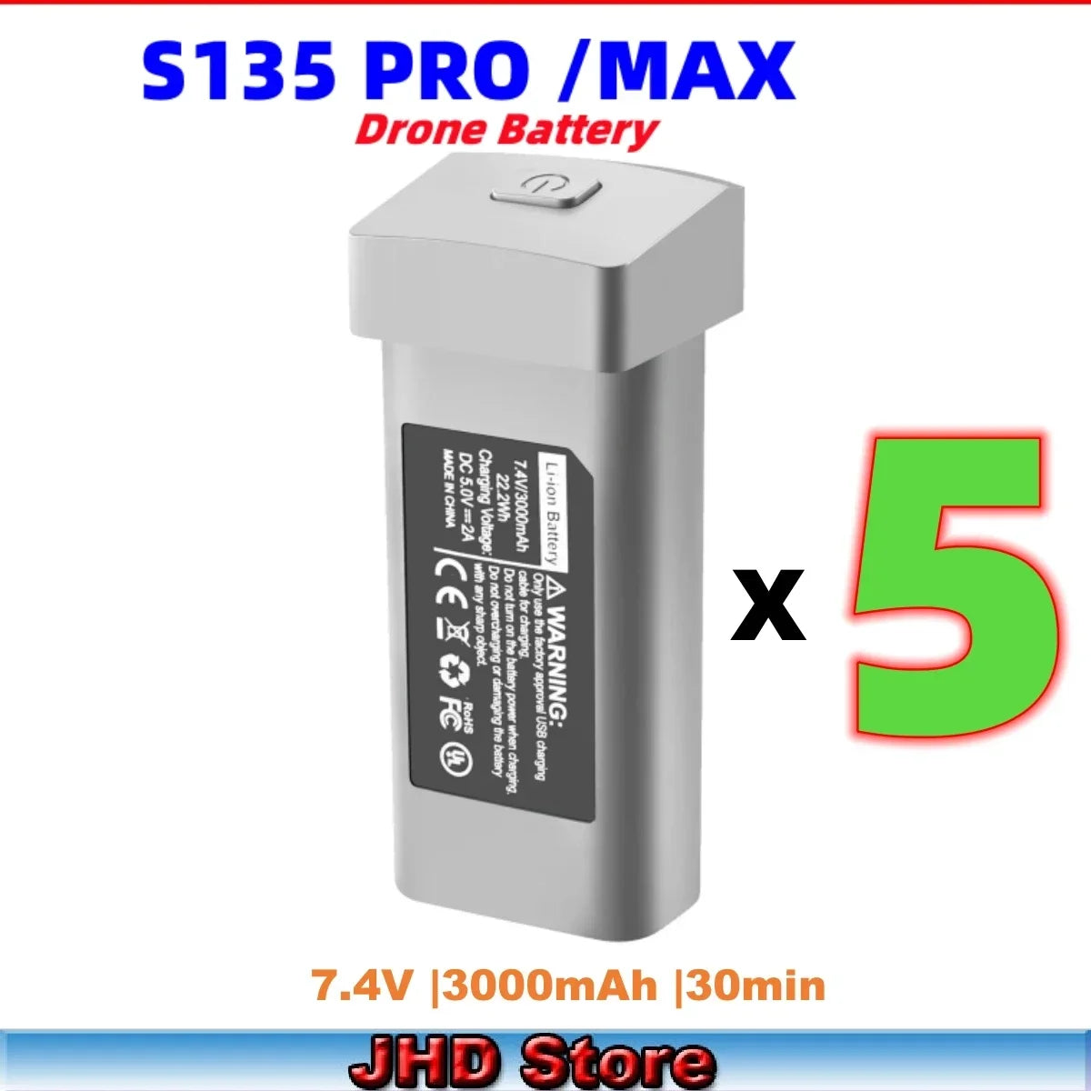 JHD S135 PRO / Max Drone Battery, The JHD S135 PRO/MAX battery has a capacity of 7.4V 3000mAh, weighs 120g, and provides about 20 minutes of flying time.