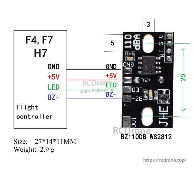 Wiring guide for BZ110DB_WS2812: connect GND, +5V, LED, and BZ- to F4/F7/H7 flight controller pads