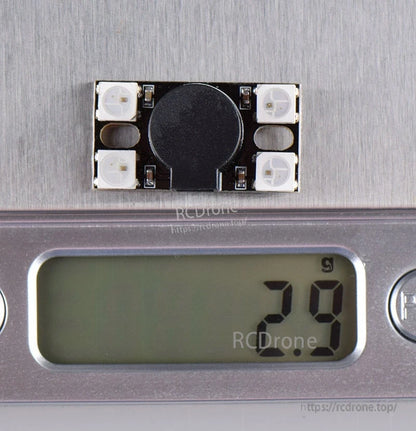 BZ110DB buzzer LED board on digital scale showing 2.9 g weight