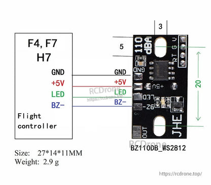 Wiring diagram and pinout for JHEMCU BZ110DB WS2812 buzzer module to F4/F7/H7 flight controller