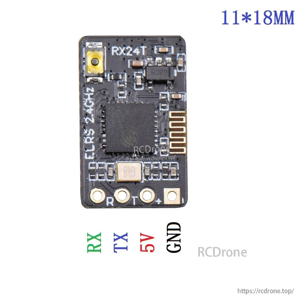 RX24T receiver pinout diagram showing RX, TX, 5V and GND pads and 11×18 mm board size