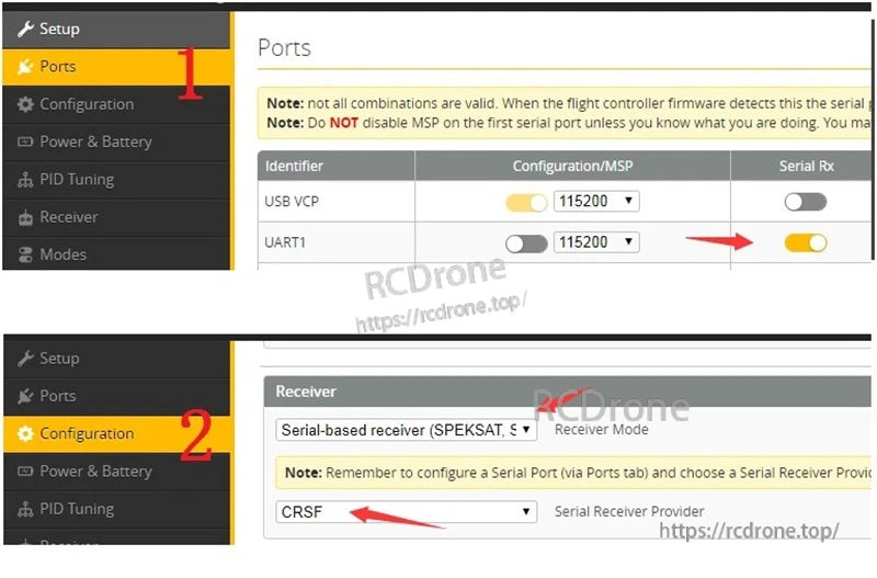 Betaflight setup for ELRS via CRSF: enable Serial RX on UART and select CRSF receiver provider