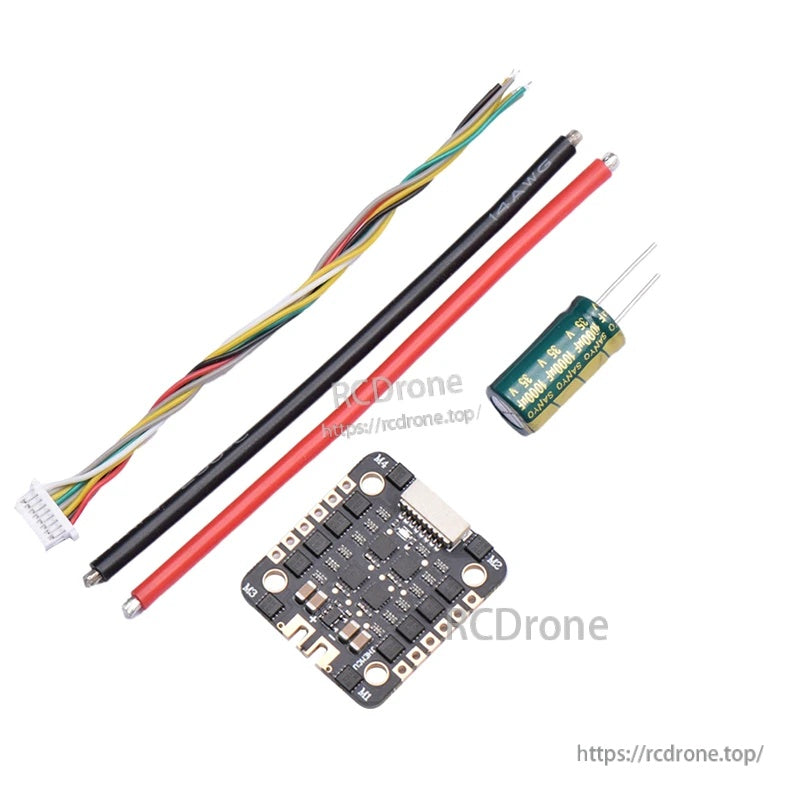 JHEMCU EM-40A 4-in-1 ESC kit including 8-pin harness, red/black power wires, and electrolytic capacitor