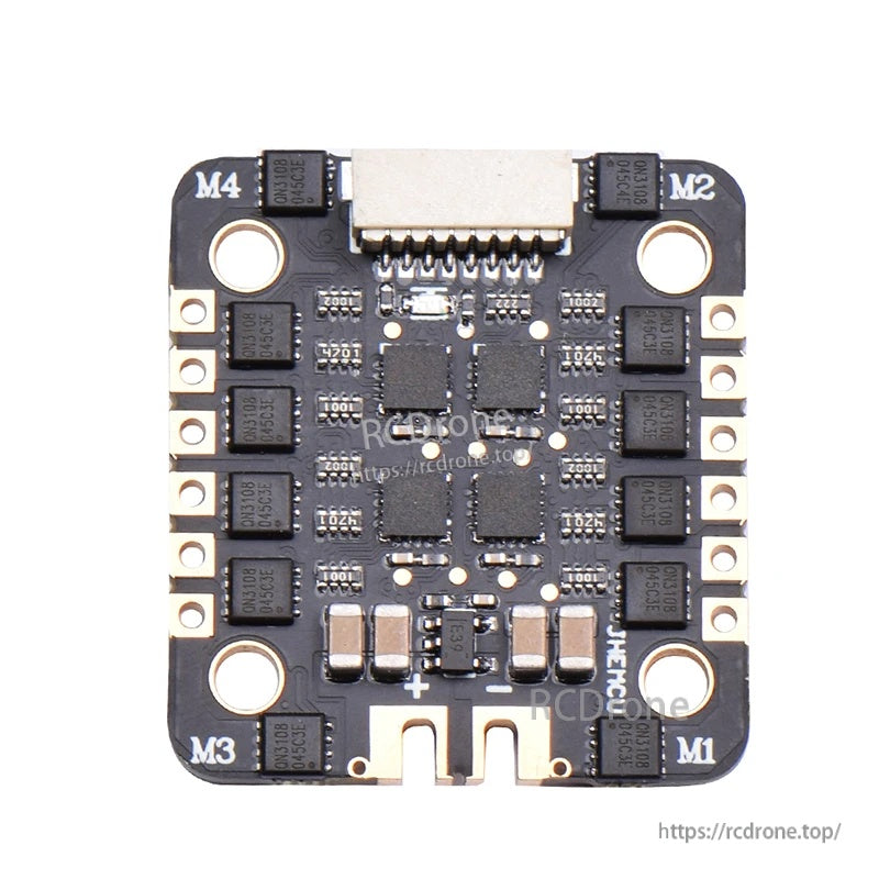 Top view of EM-40A 4-in-1 ESC layout with 8-pin connector and labeled M1–M4 corners