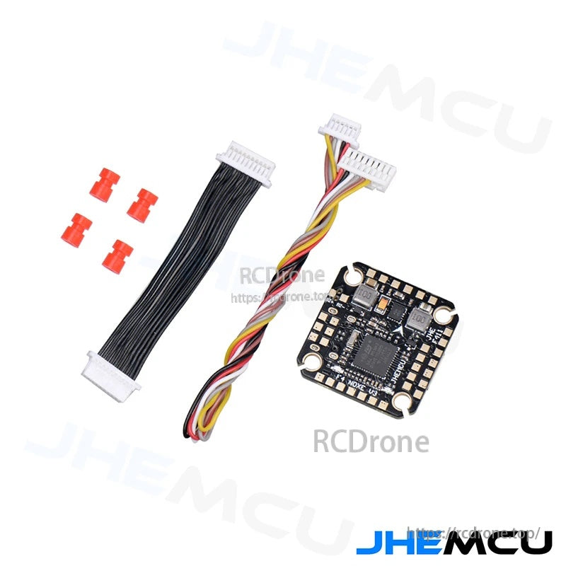 Package contents: JHEMCU F411 NOXE V3 flight controller with two wiring harnesses and four red mounting grommets