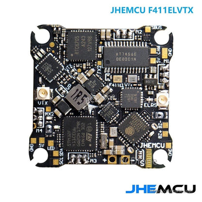 JHEMCU F411ELVTX F411 AIO flight controller close-up, top PCB view with labeled solder pads