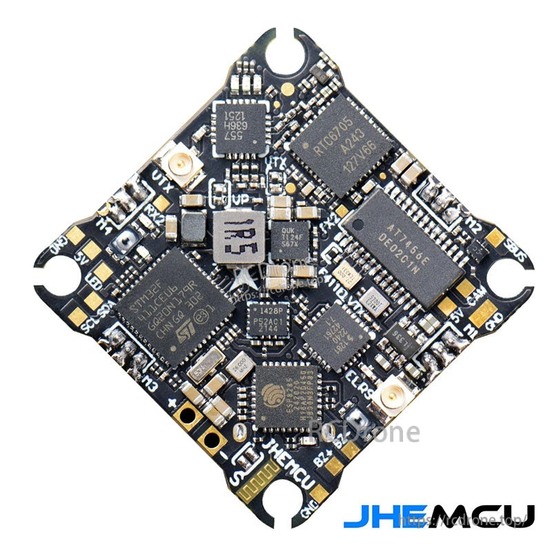 JHEMCU F411ELVTX F411 AIO flight controller top side with integrated ELRS receiver and VTX components