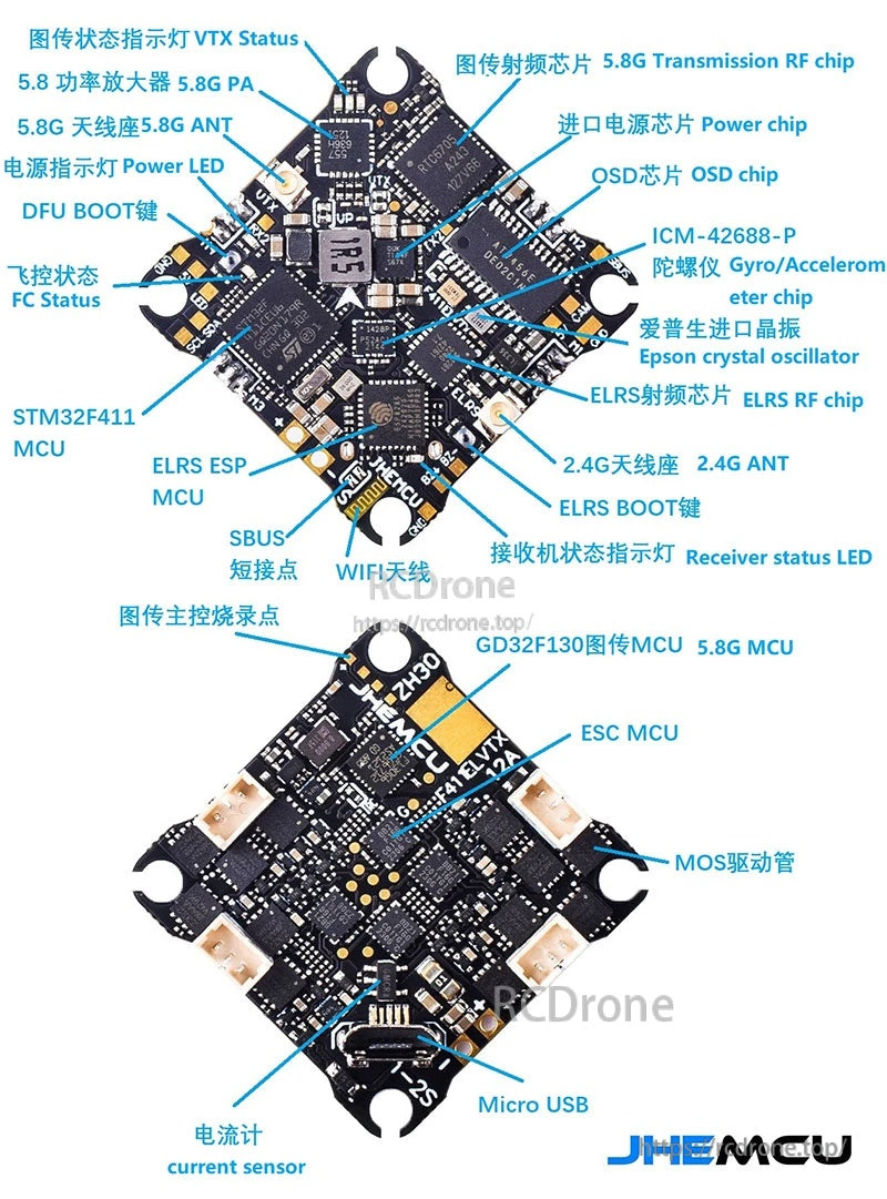 Annotated layout identifying STM32F411 MCU, AT7456E OSD, ICM-42688-P gyro, VTX and ELRS sections