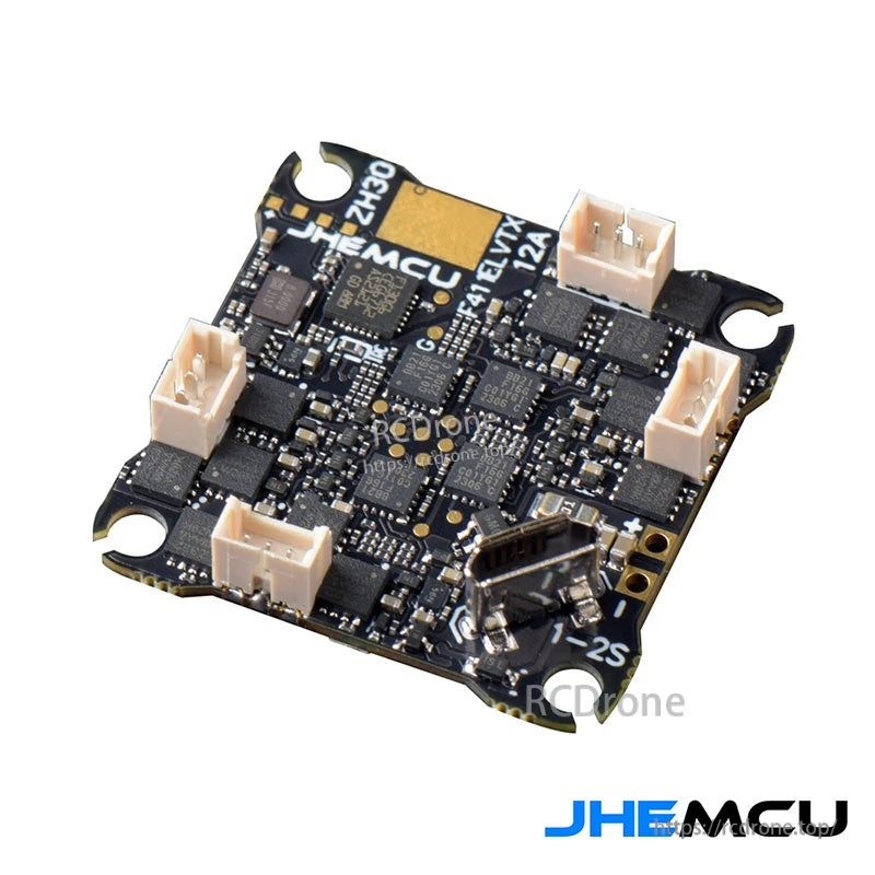Angled underside view showing motor connector ports and the Micro USB connection on the F411ELVTX AIO