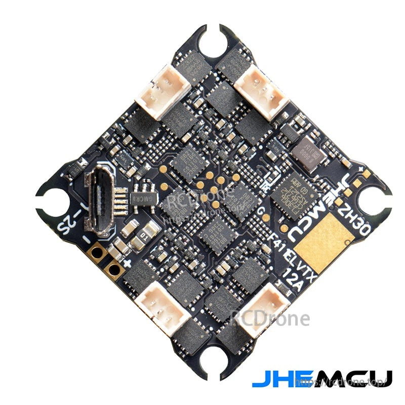 Bottom side of JHEMCU F411ELVTX AIO board with Micro USB port and 12A ESC section