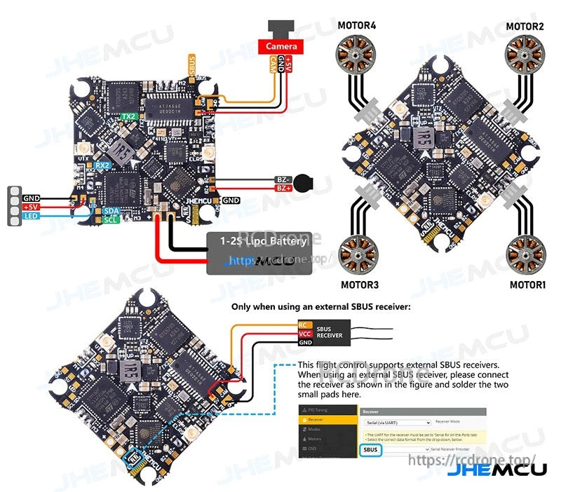 Wiring diagram for JHEMCU F411ELVTX AIO: camera pads, motor outputs, battery input and optional SBUS receiver pads